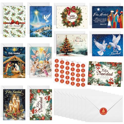Motiskyy 100 Pack Spanish Christmas Cards with Envelopes & Stickers, Religious Holiday Greeting Set