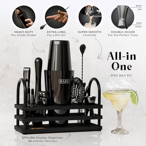 Bare Barrel 28oz Black Boston Shaker Cocktail Bar Set with Recipe Cards – Professional Mixology Kit