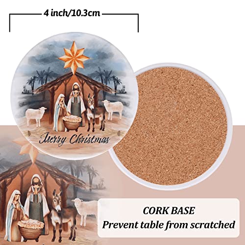Christmas Ceramic Coasters Set of 4 with Nativity Scene & Merry Christmas Design