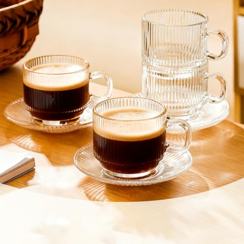 Set of 4 Clear Glass Espresso Cups with Saucers & Stand, 5.4 oz Coffee Mug Set