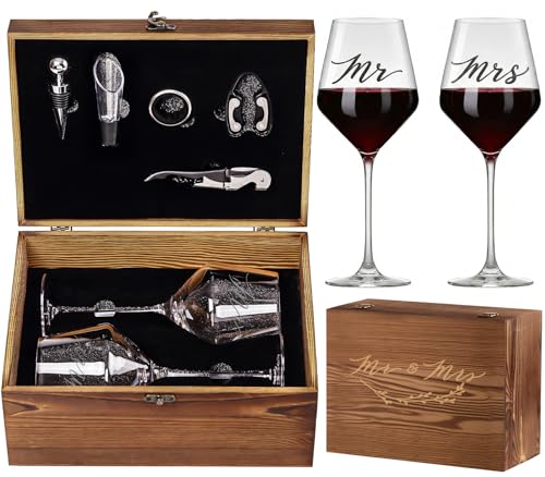 Mr & Mrs Engraved Wine Glasses with 5-Piece Accessory Kit & Wooden Gift Box - Wedding & Anniversary Gift Set