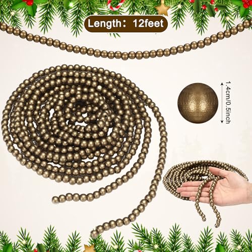 Willbond 16ft Wood Bead Garland for Christmas Tree in Bronze Gold - Holiday Decor