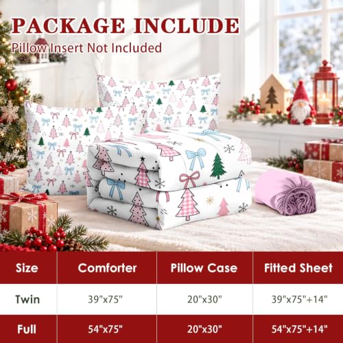 Pink Christmas Tree Twin Zipper Bedding Set - Kids All-in-One Bed Comforter & Sheets
