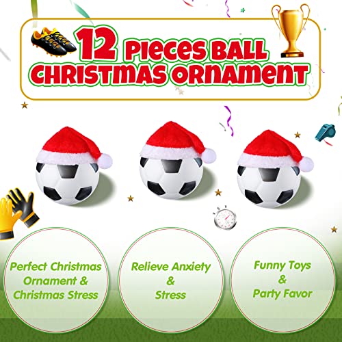 HyDren 12 Pcs Soccer Christmas Ball Ornaments with Santa Hats – 2.4" Foam Football Decor (Soccer Variation)