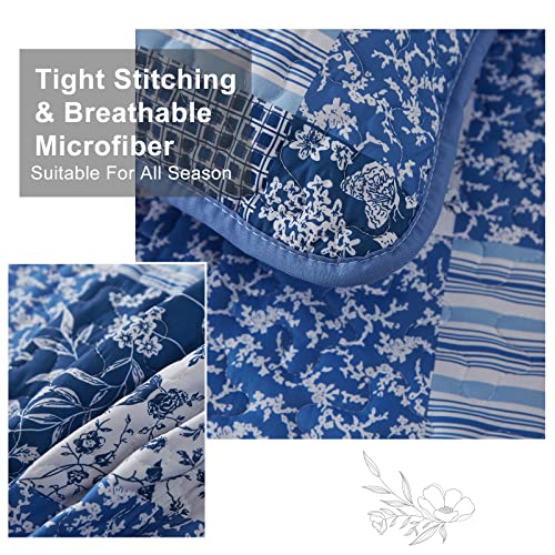 Mybedsoul King Size Boho Patchwork Floral Quilt Set, 3-Piece Blue Coverlet