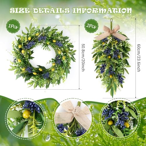 3-Piece Artificial Eucalyptus and Olive Wreath Set for Front Door Decor
