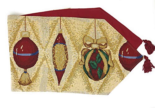 DaDa Bedding 13" x 72" Table Runner - Festive Red Gold Beige Tassels Cotton Linen
