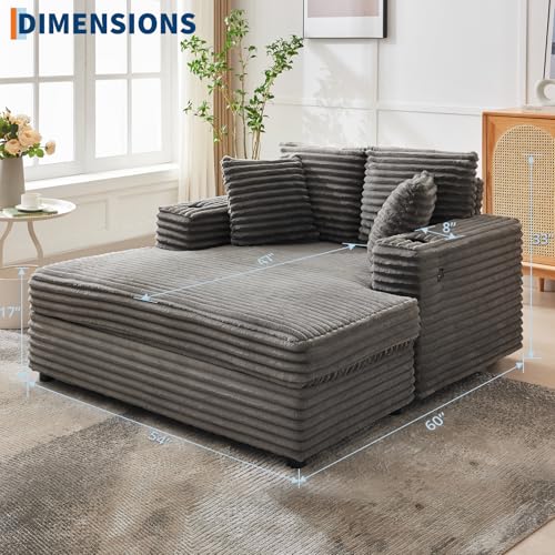 60-Inch Oversized Corduroy Chaise Lounge Chair with Charging Station & Cup Holders