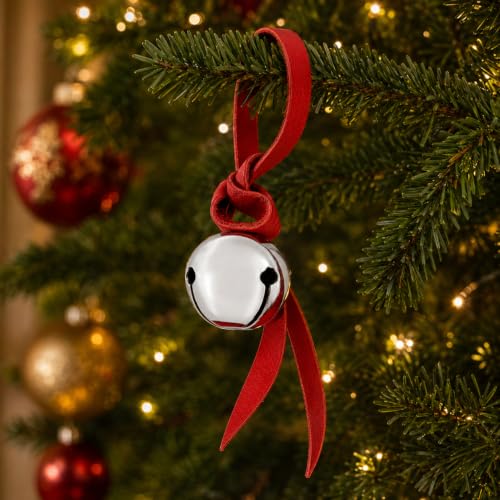 Believe Metal Sleigh Bell Christmas Ornament with Red Leather Cord