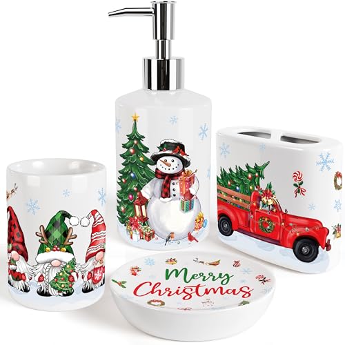 HUFAND 4-Piece Ceramic Christmas Bathroom Accessories Set – White