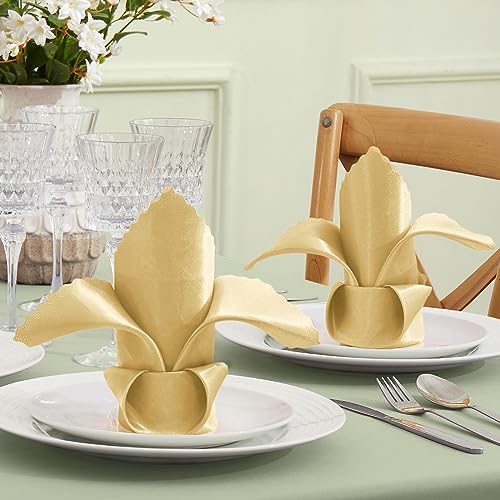 12 Pack Gold Satin Napkins 12x12 Inch, Scalloped Edge Cloth Dinner Napkins