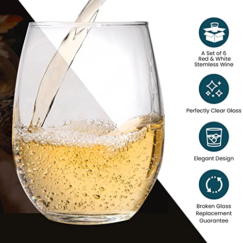 18oz Stemless Wine Glasses - Set of 6 Durable Crystal-Clear Drinkware