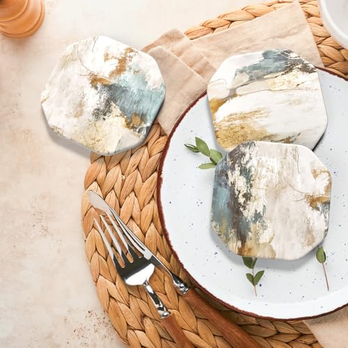 Morning Patina Teal Beige Ceramic Coasters Set of 6 with Holder - Absorbent & Non-Slip