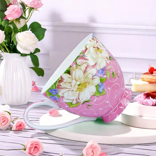 YUESITE 16oz Bone China Floral Mugs - Pink Magnolia, Large Coffee Tea Cup