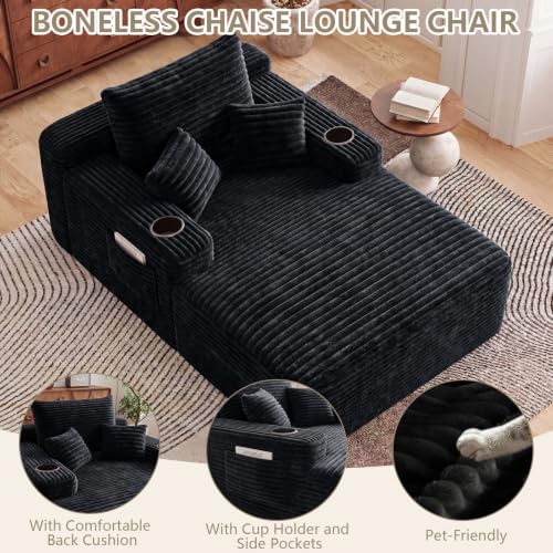 65" Oversized Corduroy Chaise Lounge Chair with Cup Holders and Pillows