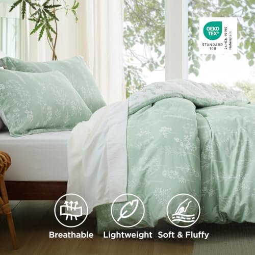 Sage Green Floral Queen Comforter Set - 3-Piece Reversible Bedding