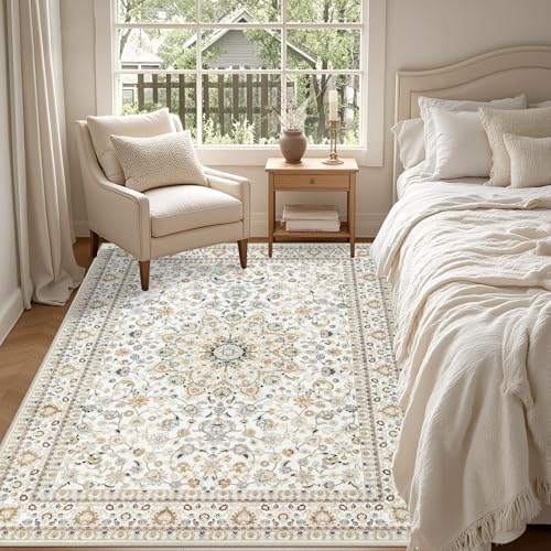 5x7 Washable Vintage Area Rug - Soft Non-Slip Beige Floral Boho Rug