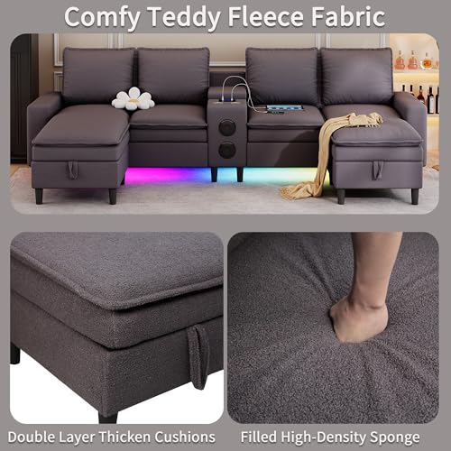 120" Sectional Sofa with Bluetooth Speaker, Wireless Charging & Storage