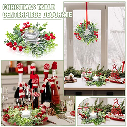 12-Piece Christmas Candle Rings with Glass Holders - Red Berry Wreaths