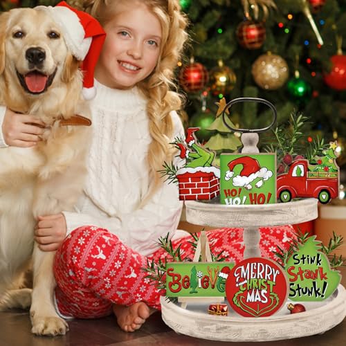 7 Pcs Merry Christmas Tiered Tray Decor, Red Green Xmas Truck Stink