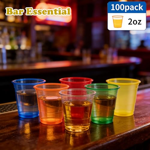 Neon 2 oz Plastic Shot Glasses 100 Pack - Colorful Disposable Party Cups