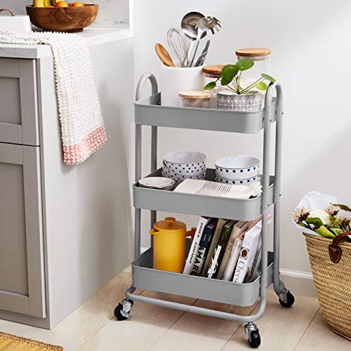3-Tier Rolling Metal Utility Cart with Lockable Wheels & Mesh Bins, Charcoal