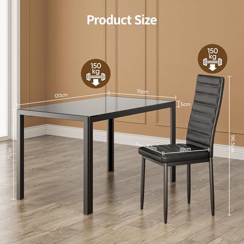 5-Piece Tempered Glass Dining Table Set for 4 with Leather Chairs