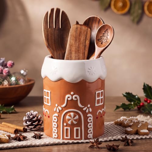 6.3" Gingerbread House Ceramic Utensil Holder, Christmas Kitchen Crock
