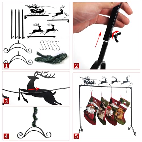 Black Metal Christmas Elk Cart Stocking Holder Stand with 6 Hooks - Freestanding Holiday Decor