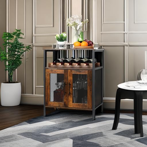 Industrial Wine Bar Cabinet with Mesh Doors and Detachable Wine Rack