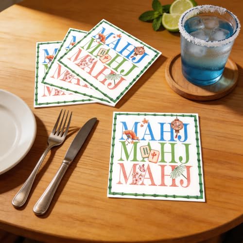Green Mahjong Disposable Cocktail Napkins 5x5 Inches, 50 Pcs - Bamboo Design