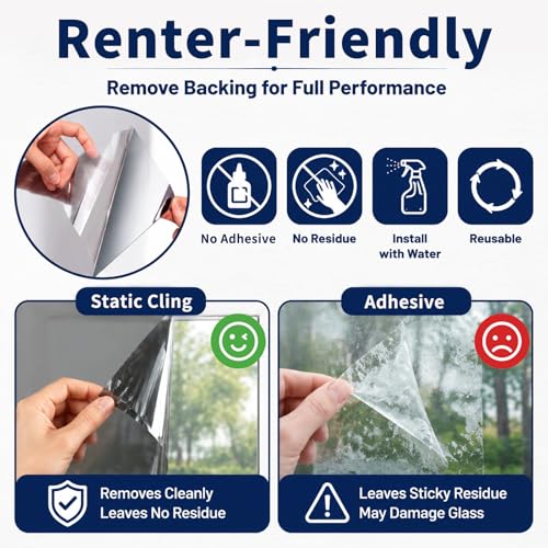 One Way Window Privacy Film, Heat Control Static Cling Mirror Tint, 17.5" x 6.5'