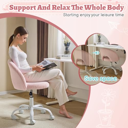 Adjustable Faux Fur Vanity Chair, Swivel Rolling Desk Chair for Makeup