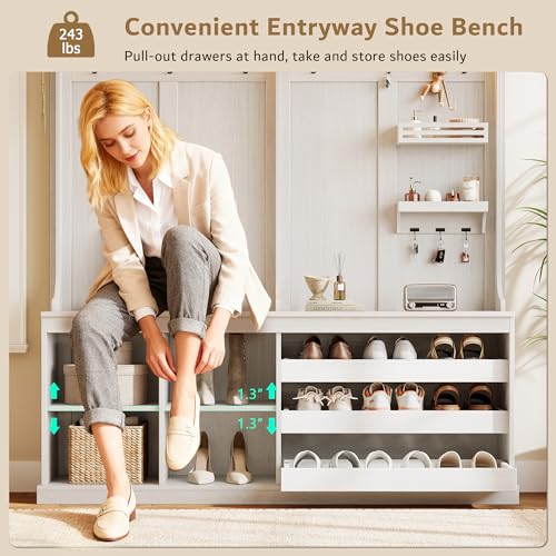 70-Inch Large Hall Tree with Bench and LED Lights, Farmhouse Entryway Storage