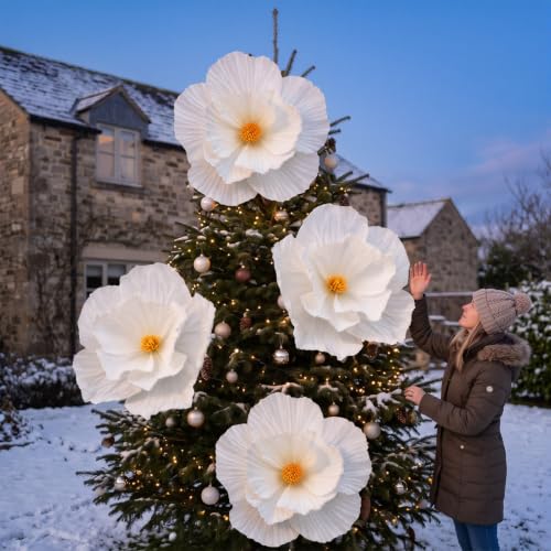 Riceshoot 4 Pcs 24in White Giant Christmas Paper Flowers - Xmas Wall Decor