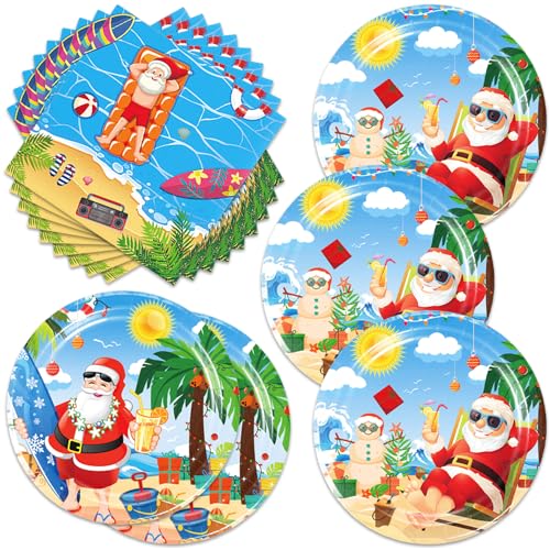 Hawaiian Christmas Party Plates & Napkins Set – 24 7-inch Plates, 24 Napkins