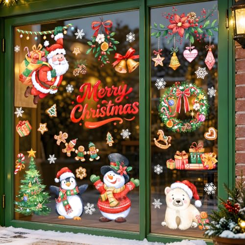 Christmas Santa Snowman Window Clings No Glue Holiday Decor - Santa Claus Variation