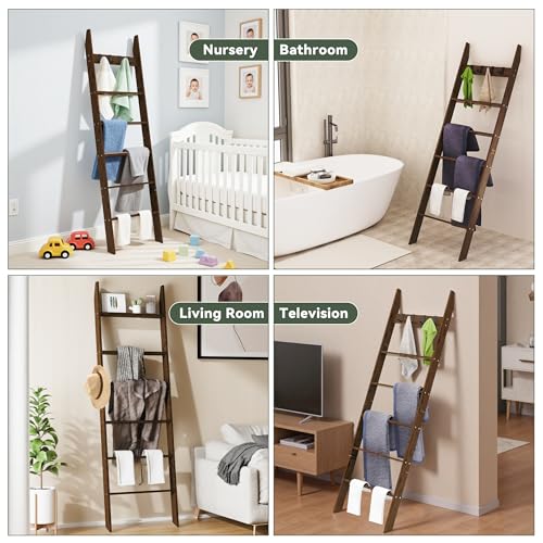 6-Tier Pine Wood Blanket Ladder, Rustic Quilt Rack with Hooks