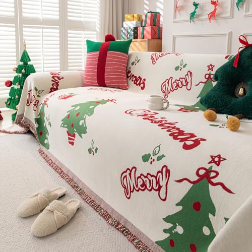 Christmas Green Chenille Sofa Cover 71x102 Inch Reversible Couch Protector for Loveseat & Sectional with Dogs Washable