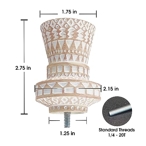 Boho Carved Curtain Rod Finials, White-washed Polyresin, Set of 2