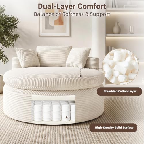 Oversized Round Corduroy Chaise Lounge Chair with 3 Pillows, Beige