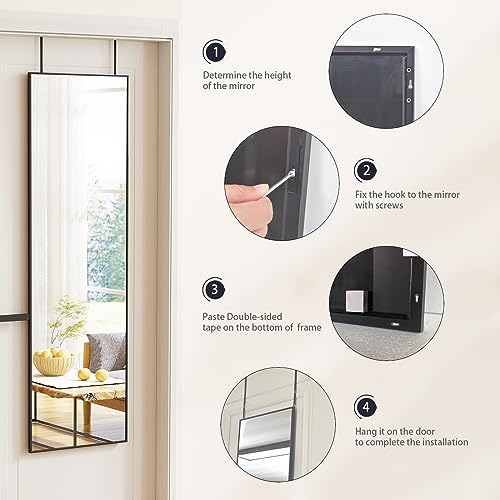 14" x 48" Adjustable Over-the-Door Full Length Mirror, Black Shatterproof