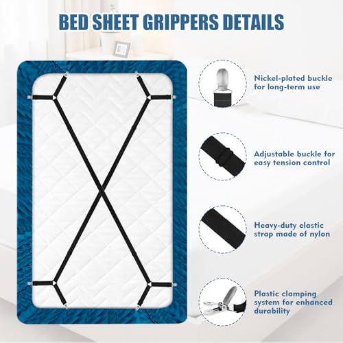 Adjustable Bed Sheet Straps with Metal Clips - 4 Pack Elastic Fasteners