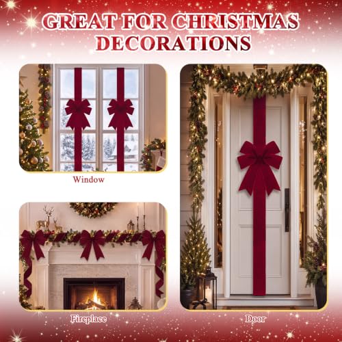 Burgundy Velvet Christmas Cabinet Bows with Ribbon - Set of 6 Holiday Decor