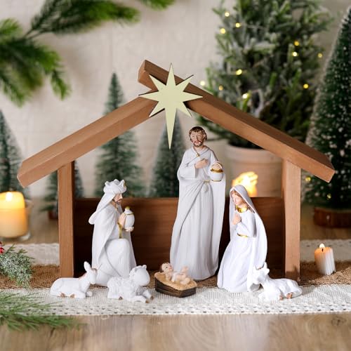 Wooden Nativity Manger Stable Creche with Roof Star, Fits 7-Inch Figures