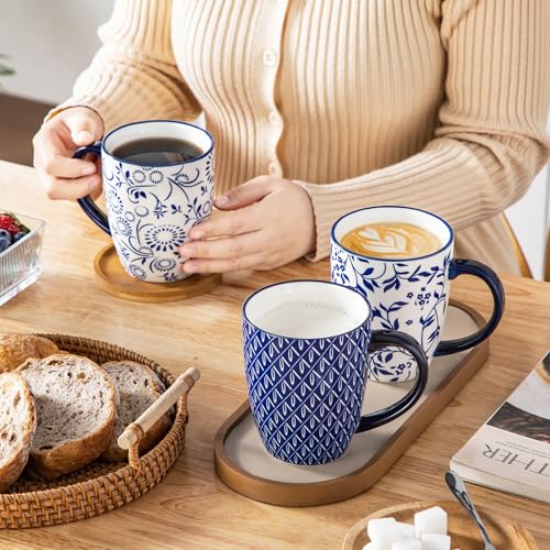 Vancasso Selene 16 Oz Blue Floral Coffee Mug Set of 6 - Large Porcelain Tea & Coffee Cups with Handle, Dishwasher & Microwave Safe