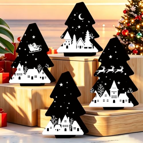 PRESSINART 4Pcs Wooden Christmas Tree Ornaments Set – 4 Sizes, Black & White