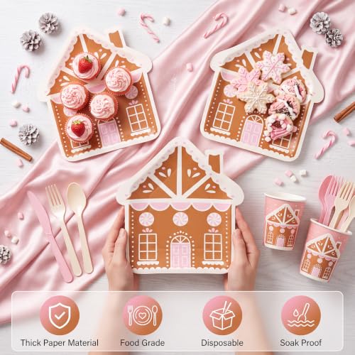 Pastel Gingerbread House Christmas Paper Plates - 60 Pack, Disposable Holiday Dinnerware