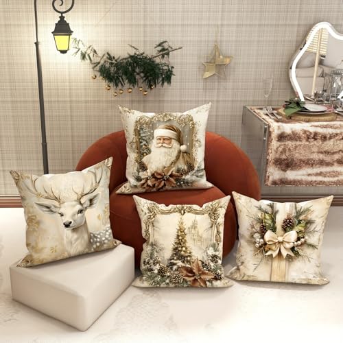 NSSHEL 4 Pcs Christmas Throw Pillow Covers - Santa, Xmas Tree & Elk Designs, 18x18 Inch, Short Plush, Single-Sided Print, Style 2