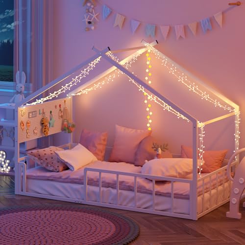 Twin Size Montessori House Bed Frame with Pegboard and Safety Guardrails